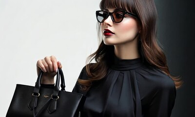 Elegant fashion showcase with a stylish woman in black attire and sunglasses holding a sleek handbag indoors