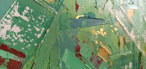 Abstract green texture with red and gold accents. A fragment of an abstract painting with an expressive green texture, complemented by red and gold elements.