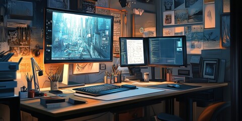 Naklejka premium Modern Home Office Desk with Computer Monitors and Accessories