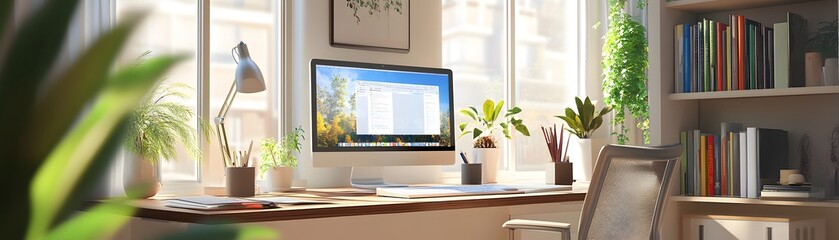 Fototapeta premium A Bright Home Office Space with a Computer, Plants, and Books