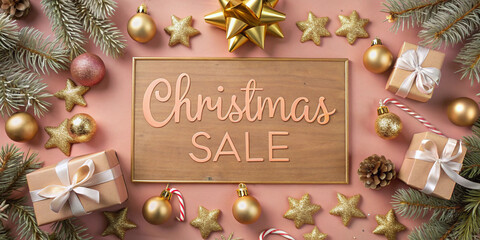 A bright and festive promotional sign for a Christmas sale, featuring decorative elements that enhance the holiday shopping experience.