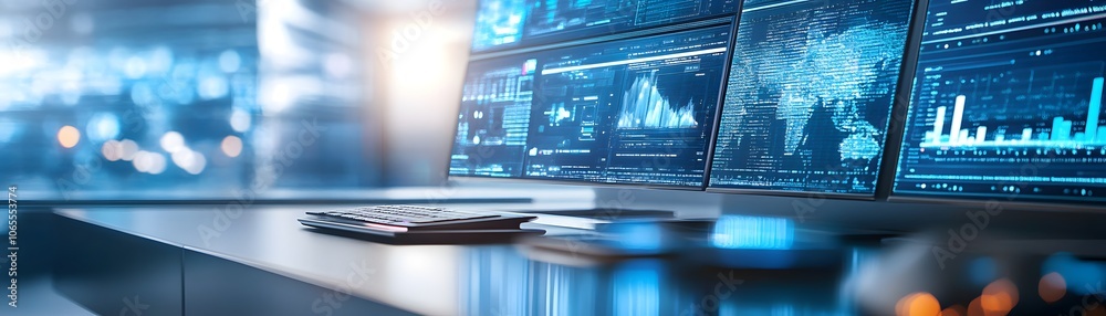Poster close-up of a modern office desk with multiple computer monitors displaying data and charts, a keybo