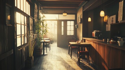 Fototapeta premium Sunlit Cafe Interior With Wooden Tables and Chairs Vintage Ambiance
