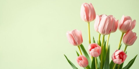 Obraz premium A bouquet of delicate pink tulips against a soft green background, showcasing the natural beauty of spring blooms.