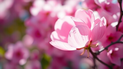 Fototapeta premium Delicate Pink Petals Unfolding in Soft Sunlight, a Close-up View of a Blooming Magnolia Branch