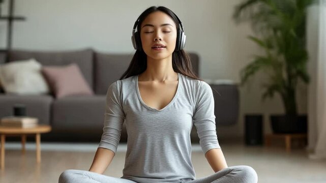 A young woman practices mindfulness and meditation while listening to music in a cozy living room during the afternoon