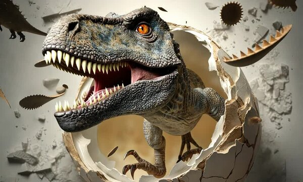 A stunning Tyrannosaurus rex hatching from a giant eggshell in a dramatic prehistoric setting