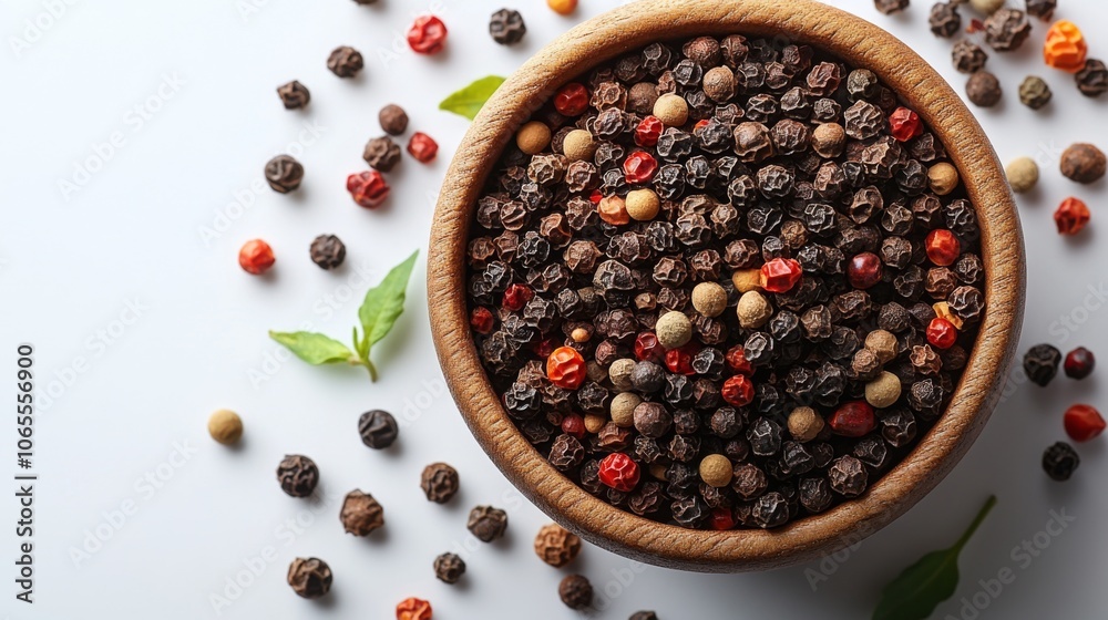 Sticker Colorful Peppercorns in a Wooden Bowl