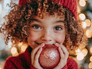 Naklejka premium child holding a Christmas toy, capturing a moment of joy and festive spirit