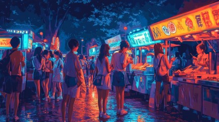 Naklejka premium Night Market Food Street Scene with Neon Lights and Crowds