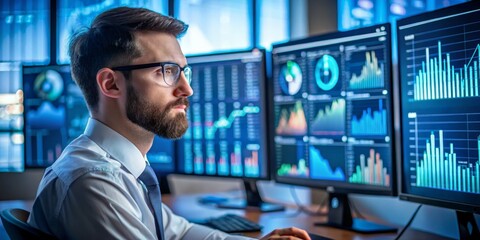 Fototapeta premium Analyst Focused on Data-Driven Insights Amidst Multiple Charts on Computer Monitors