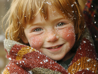 Naklejka premium a child with rosy cheeks from the cold, set against a wintery background