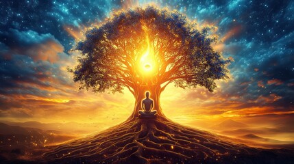 Third eye glowing with spiritual roots and branches, AI generated