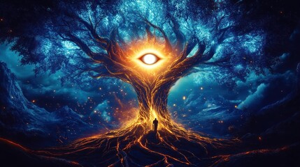 Third eye glowing with spiritual roots and branches, AI generated