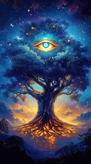 Fototapeta premium Third eye glowing with spiritual roots and branches, AI generated