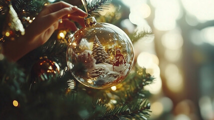 Female hands in a knitted sweater hanging a stylish red Christmas decoration on a Christmas tree
