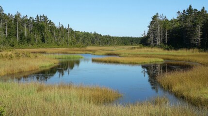 Obraz premium Marshland with Tall Reeds Swaying in Gentle Breeze and Small Pools of Water