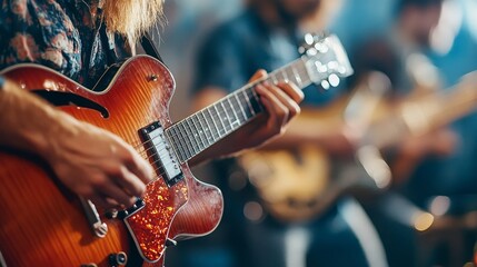 Fototapeta premium Close-up of guitarist playing in a live music setting