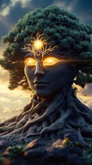 Third eye glowing with spiritual roots and branches, AI generated