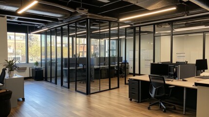 Modern and Sleek Office Space with Glass Partitions and High-Tech Equipment