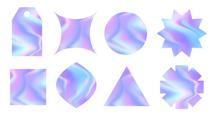 Set of holographic stickers. Vector futuristic retro elements. Hologram labels of different geometric shapes with iridescent foil adhesive film.