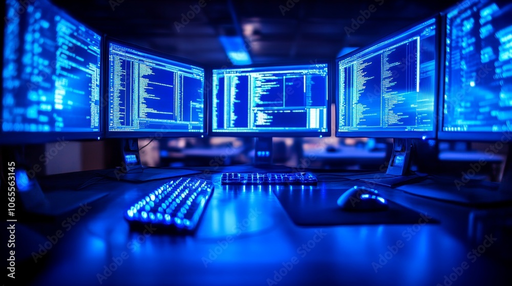 Poster modern desk setup with multiple monitors keyboard and mouse in blue light
