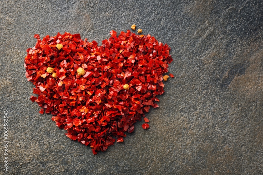 Poster A vibrant heart shape made from red spices is artfully arranged on a stone surface, representing intense emotions and culinary creativity through color.