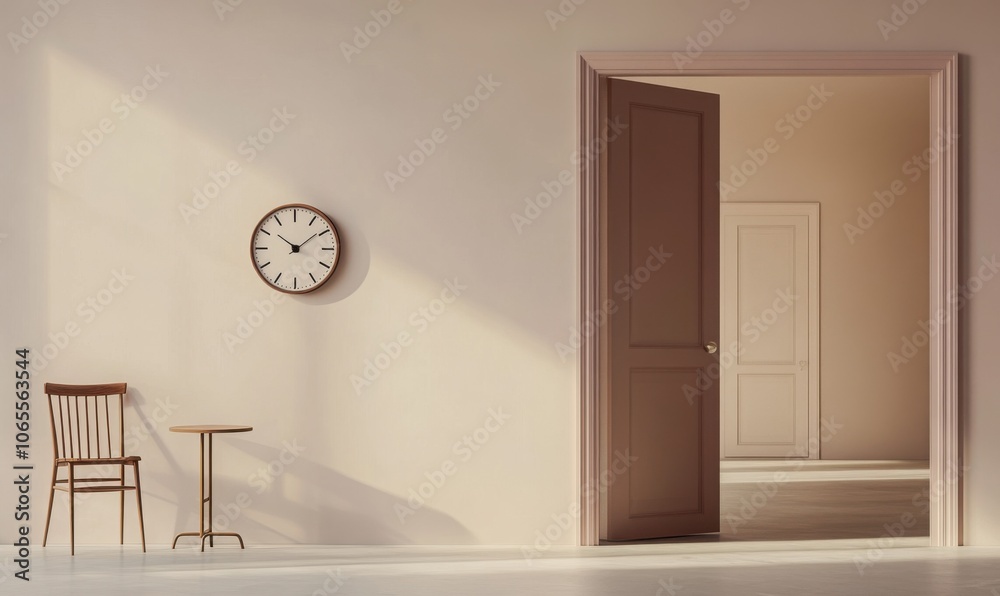 Poster A minimalist clock on the wall of an empty room with an open door, a table and chair in front of it, a light beige background