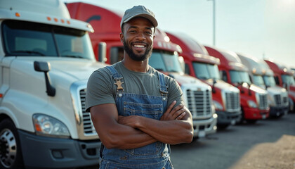 Confident young truck driver smiling in front of a fleet, reflecting pride and professionalism.

