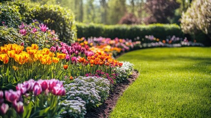 A vibrant garden with colorful tulips and lush green grass in a serene landscape.