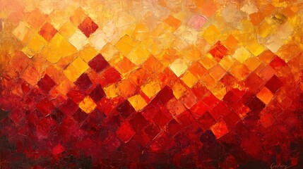 Dynamic abstract art of jagged squares and triangles in fiery reds, oranges, and yellows, like a wildfire.