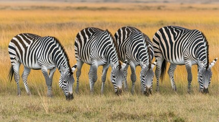 Obraz premium Four zebras graze in a field of tall grass, their black and white stripes blending with the natural landscape.