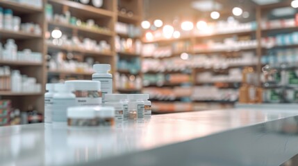Pharmacy Counter with Bottles of Vitamins and Supplements