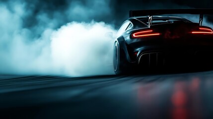 Obraz premium Supercar burning rubber during a power drift, with tire smoke swirling around in dramatic lighting