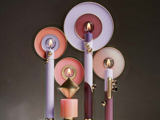 Holiday decorative candles with modern geometric design. 3d illustration, celebration. Golden and lilac details.