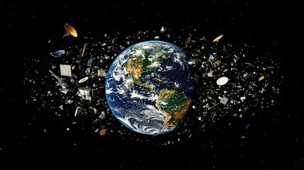 Obraz premium A cloud of space junk surrounding Earth, with old satellite fragments illustrating the environmental challenge in low Earth orbit
