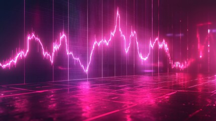 A glowing pink line graph on a dark background with a reflective floor