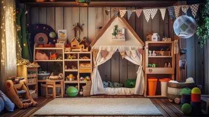 Cozy and playful kids' playroom with wooden furniture, a tent, and colorful toys.