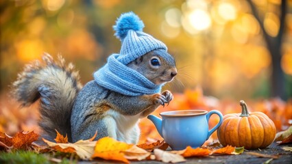 Fototapeta premium Cozy Squirrel Enjoying Autumn Tea with Pumpkin and Blue Teapot in a Forest of Fall Foliage