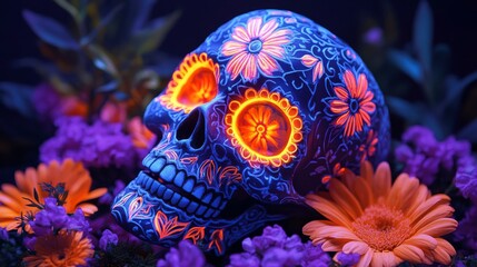 Sugar Skull Decorated with Flowers in Neon Light