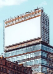 Obraz premium A tall building featuring a large empty billboard on top, set against a clear blue sky.