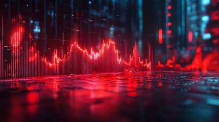 Red Digital Stock Market Graph with Reflections on a Dark Surface