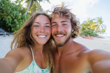 Fototapeta premium Happy couple taking a tropical beach selfie during Christmas vacation