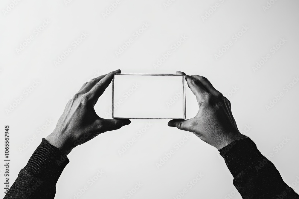 Poster this monochrome photograph captures hands holding an invisible or transparent rectangle frame, symbo