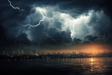 generated illustration of  cityscape under dark, stormy skies with intense lightning strikes.