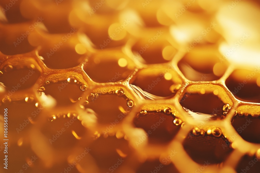 Poster an intricate close-up of a honeycomb filled with honey, exhibiting shiny golden hues and minute deta