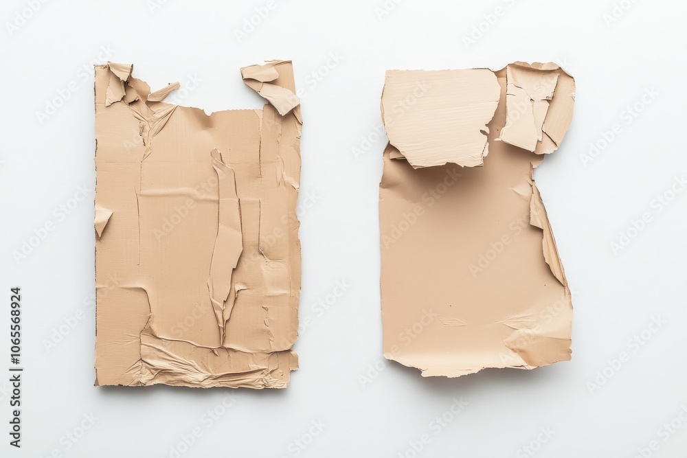 Poster Two large sheets of cardboard with layers peeled back, revealing unique textures, are displayed on a plain surface, presenting a rustic and natural appeal.