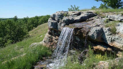 Fototapeta premium Rocky outcrop on hill with small waterfall flowing over it.