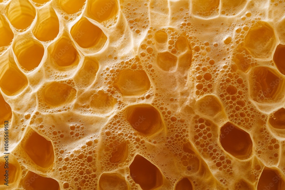 Poster A macro photograph of a honeycomb showcases the frothy texture of honey within its cells, highlighting the exquisite natural pattern and colors immersed in bubbles.