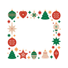Merry Christmas and Happy New Year square frame with Christmas tree decorations of different shapes. Holiday quadratic template in red, green and beige colors on white background. Festive design